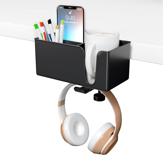 CUBE TECH 5 in 1 Desk Pencil Holder - Clamp on Under Desk Headphone Hanger - Rotating Headphone Holder Detachable Pen Holder Desktop Storage
