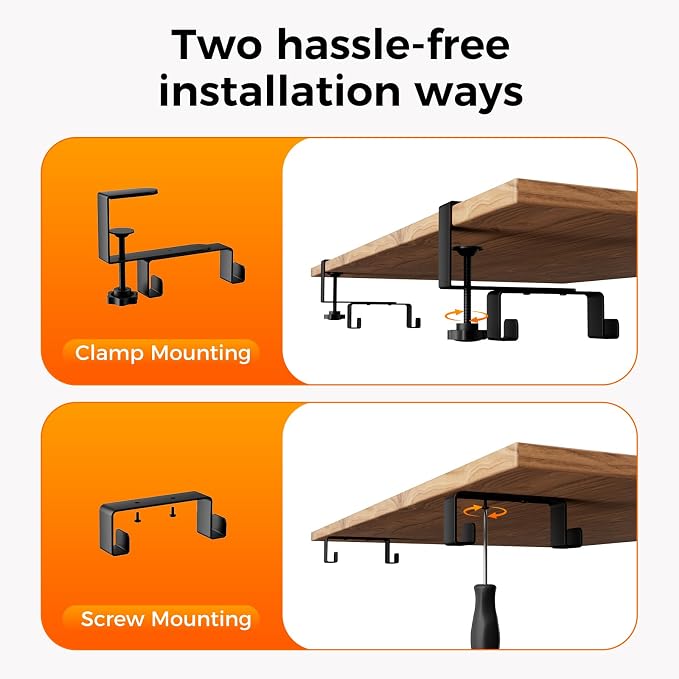 No-Drill Under Desk Cable Management Tray,Upgraded Wider(39"L x 5.9"W) & Double Layer Thickened Standing Desk Cable Organizer,2 Mounting Options-Clamp Or Screw Cord Holder for Home,Office