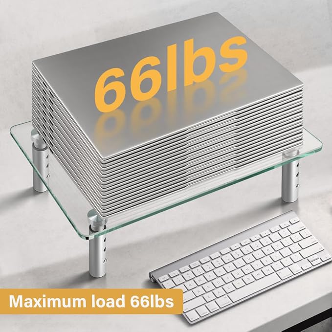 WKWKER Clear Glass Desk Stand 2 Pack Computer Monitor Riser with Height Adjustable Multi Media Monitor Stand Desktop Flat for Laptop TV Computer