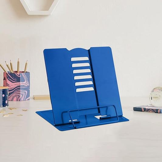 MSDADA Small Desk Book Stand Metal Reading Rest Book Holder Adjustable Cookbook Documents Holder Portable Sturdy Bookstands for Recipes Textbooks Tablet Music Books(Deep Blue）