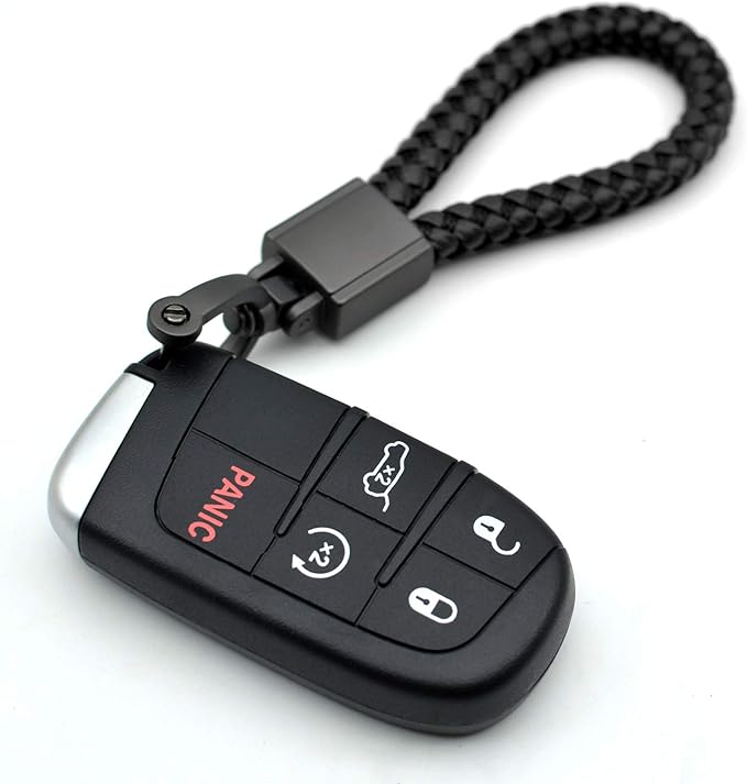FEYOUN Universal Black Leather Car Fob Keychain Metal Keyring Woven Strap Braided Rope Key Chain for Men and Women - Matte Black Color, with 360 Degree Rotatable D-ring and Screwdriver