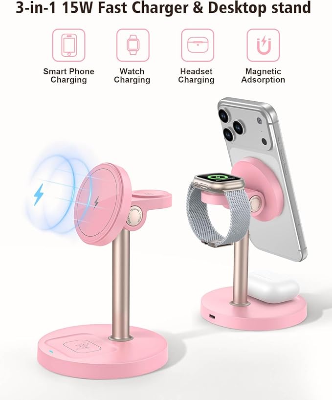 3 in 1 Magnetic Wireless Charging Station, 15W Fast Charger Stand for iPhone, Phone Charger Stand for Desk Nightstand, for iPhone 17/16/15/14/13/12, Apple Watch & AirPods, Adapter Not Included -Pink