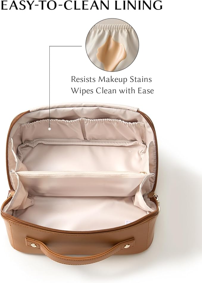 EACHY Travel Makeup Bag, Large Capacity Cosmetic Bag for Women, Waterproof PU Leather, Flat Open Portable Toiletry Bag for Skincare, Brushes & Travel Essentials