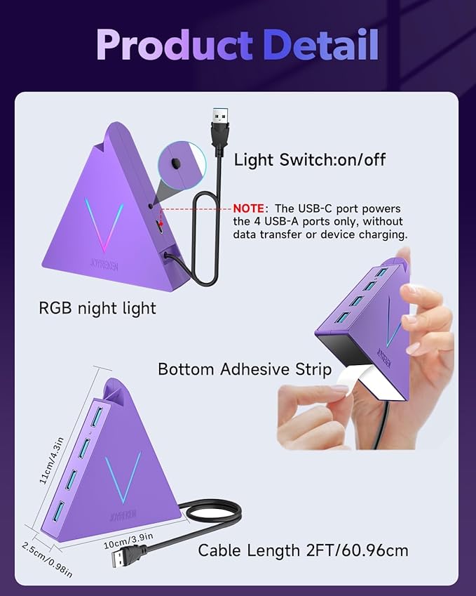 4-Port USB 3.0 Hub, FlyingVHUB USB Hub Tower with 2 ft Extended Cable,USB Splitter for Laptop,PC,PS4,PS5,Xbox,Mouse,Keyboard, Flash Drive,U-Disk (Dark Purple)
