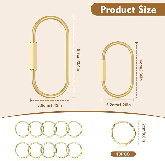 2Pcs Gold Brass Key Rings, Gold Carabiner with 10 O-Rings, Brass Screw Lock Keychain Clip for Keys Purse Bag Charms for Handbags