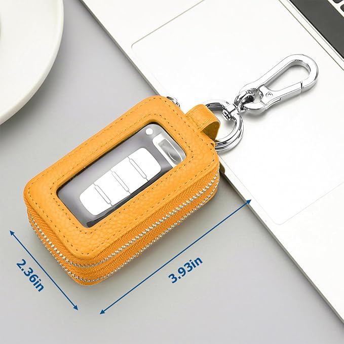 BELOMI Car Key Fob Case, Genuine Leather Remote Keychain Bag with Lanyard and Zipper Closure, Key Protection Cover for Men Women (Yellow)
