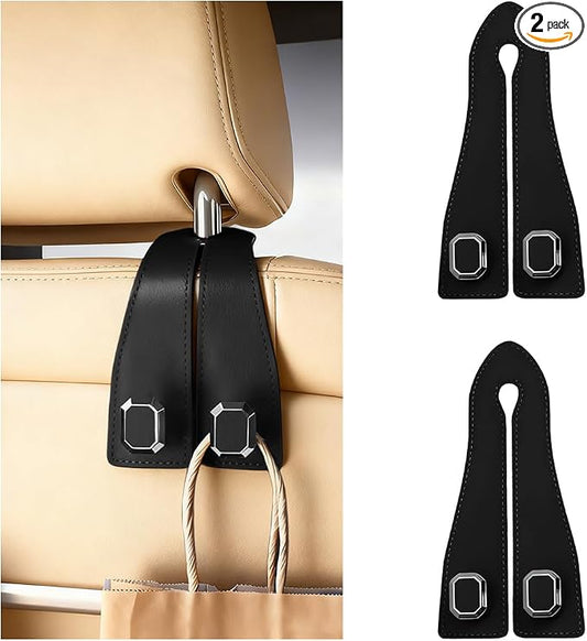 2PCS Car Headrest Hooks, Nappa Leather Metal Vehicle Double Seat Back Storage Hook for Purse Bag Coat, Multifunctional Automotive Interior Hanging Hanger, Universal Fit (Black)