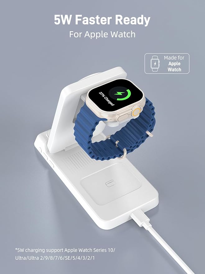 3 in 1 Charging Station for Apple, Magnetic Charger for iPhone, Foldable Wireless Charger with Clock, Travel Watch Charger Stand for iPhone 17/Air/16/15 Series, iWatch 10/AirPods 4 (White)