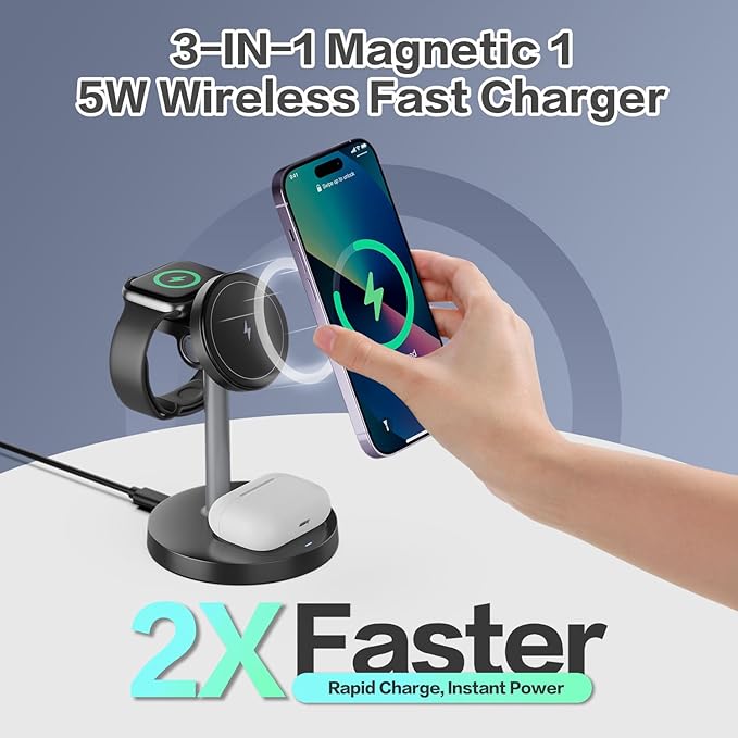 3 in 1 Wireless Charging Station Compatible with MagSafe, 15W Fast Charging Magnetic Mag-Safe Charger Stand for Apple iPhone 17 16 15 14 13 12Series Apple Watch AirPods Pro 4 3 2, Gifts for Men Women