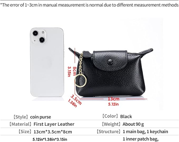 Genuine Leather Coin Purse for Women, Small Leather Mini Wallet with Keychain, Compact Change Purse for Cash, Cards, Coins and Keys, 5.12 Inch, Black