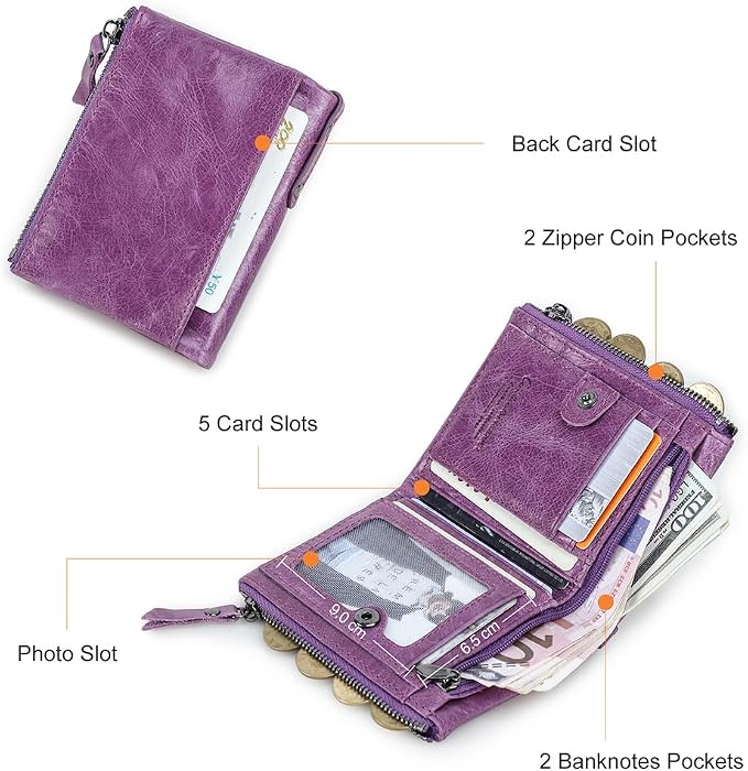CONTACTS Soft Leather Wallet for Women Small Bifold Coin Purse Double Zipper Card Holder with RFID Blocking (Purple)