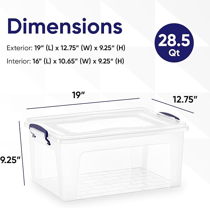 Superio Clear Storage Boxes with Lids, 28.5 Quart BPA Free Plastic Containers, Bins for Organizing, Stackable Crates, Organizer Totes for Home, Office, School, and Dorm, 5 Pack