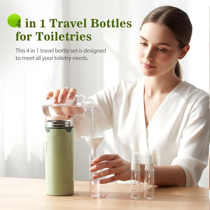HISKI 4 in 1 Travel Bottles for Toiletries,Portable Travel Toiletries Bottle Set, Portable Containers for Shampoo Lotion Conditioner Cream Transparent with Scale and Label (White+Green-2PCS)