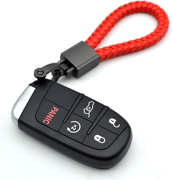 FEYOUN Universal Red Leather Car Fob Keychain Metal Keyring Woven Strap Braided Rope Key Chain for Men and Women - Matte Black Color, with 360 Degree Rotatable D-ring and Screwdriver