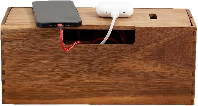 Cable Management Box – Wooden Desktop Organizer Case, Ventilated Cord Storage Container | Extension Cord Concealer Design, Home Office Wire Hiding Solution for Clean Work-Space Use