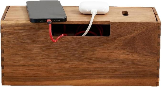 Cable Management Box – Wooden Desktop Organizer Case, Ventilated Cord Storage Container | Extension Cord Concealer Design, Home Office Wire Hiding Solution for Clean Work-Space Use