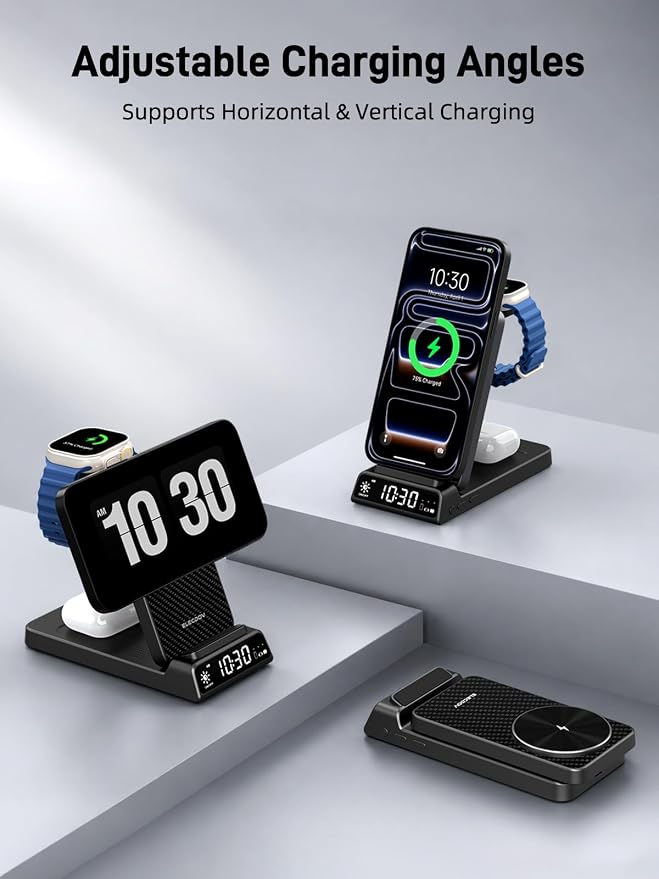 3 in 1 Charging Station for Apple, ELECDOV Magnetic Charger for iPhone, Foldable Wireless Charger with Clock, Travel Watch Charger Stand for iPhone 17/Air/16/15 Series, iWatch 10/AirPods 4
