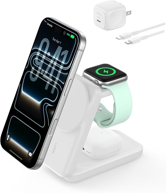 Belkin MagSafe Charger Compatible, 3-in-1 Charging Station, Qi2.2 25W Magnetic Wireless Charger Dock, Foldable Charging Stand for iPhone 17/16/15, Apple Watch, AirPods, Pixel 10 (45W Adapter Included)