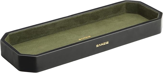 SANZIE Leather Tray Organizer Small Trays Decorative Tray Desktop Storage Premium Serving Tray Valet for Sundries Cosmetics Keys Phone Wallet Cutlery (Black, Medium)
