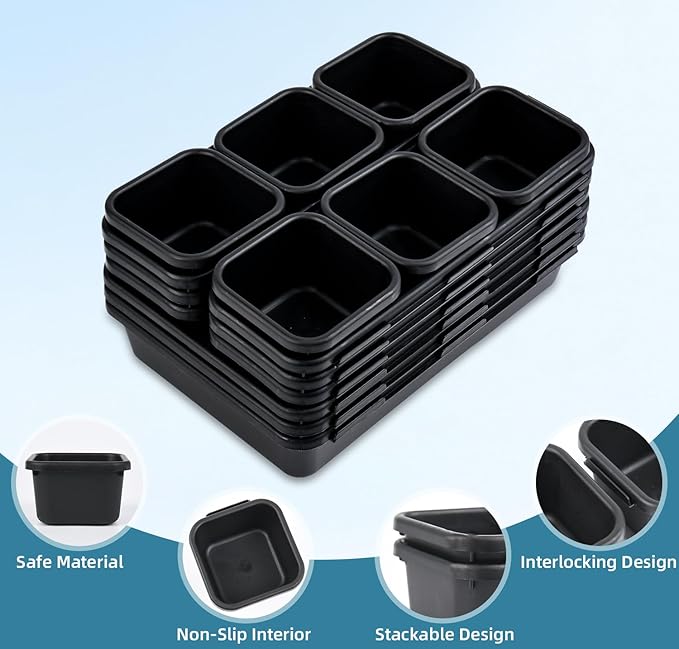 15 Piece Drawer Organizer Set, 3 Size Interlocking Plastic Storage Bins for Office Supplies, Jewelry Makeup Vanity, Bathroom Kitchen, Home Organization Closet, Gadgets Small Items, Black
