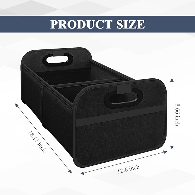 Car Trunk Organizer, Foldable Car Trunk Storage Box with 2 Compartments & Mesh Pocket, Large Capacity, Portable with Handle, Collapsible Backseat Storage Organizer for SUV Truck Sedan (Black)