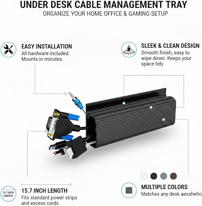 Under Desk Cable Management Tray, 15.7 Inch PP Plastic Cord Organizer for Power Strips and Wires, Mountable Raceway for Home Office and Gaming Setup
