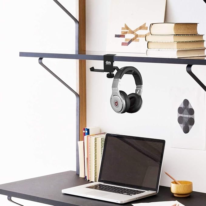 6amLifestyle Under Desk Dual Headphone Hanger, Metal Headset Stand Gaming Earphone Holder Universal Clamp on Desk Hanger Hook for All Headsets, Black (Patent)