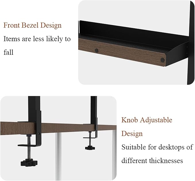 Clip-on Desktop or Under-Desk 2-Tier Shelving Unit, Clamp-on Desk Organizer Shelf with Adjustable Storage Tray Computer Table Organizer for Office Desk