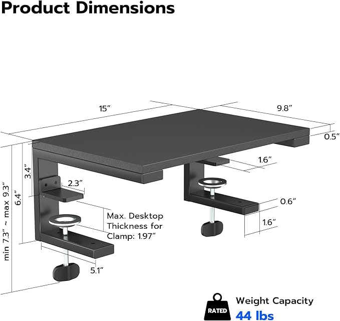 ARES WING Clamp-On Desk Extender & Monitor Shelf – 15" x 9.8" Space Booster, Freestanding or Clamp Mount, Holds 44 lbs, No Drill Desktop Organizer for Office/Gaming, Black