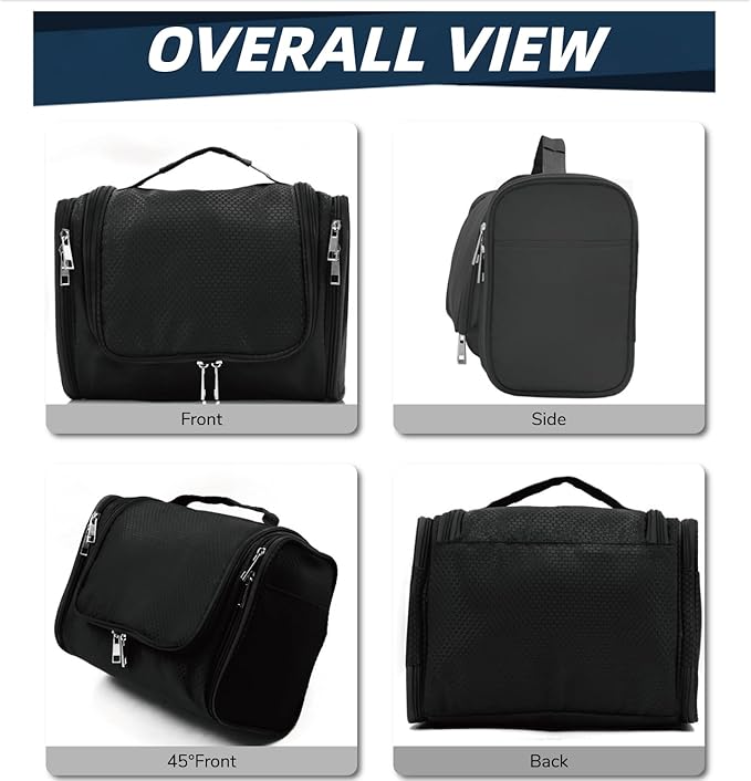 Buruis Hanging Toiletry Bag for Women and Men, Large Water-Resistant Makeup Organizer with Sturdy Hook, Lightweight Nylon Dopp Kit for Full-Sized Toiletries & Cosmetics, Black