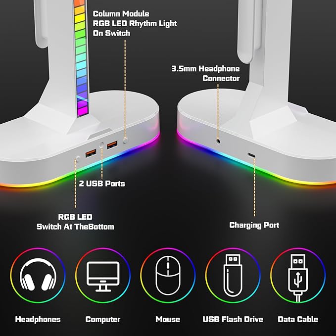 Cool RGB Headphone Stand with Charging Station - Sleek Dual Headset Holder, 3 USB Ports & 3.5mm Audio, 8 Light Modes | Ultimate Gaming Gift for Men, Boyfriend, Teen Boys - Modern White Design