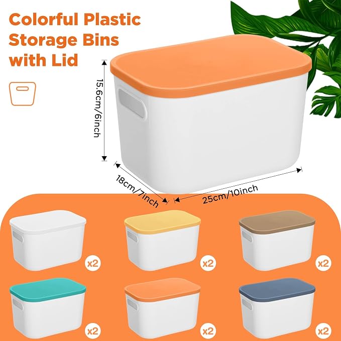 Thyle 12 Pack White Plastic Storage Bins with Lids, Back to School Stackable Storage Container with Handle Label for Organizing Toy Craft for Classroom Shelf Bedroom Office 10 x 7 x 6 Inch