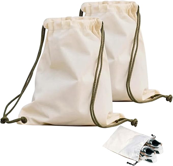 Canvas Shoe Bags for Travel, 2 Pcs Drawstring Shoe Storage Pouches, Dust Proof Washable Shoe Organizers (17.7x13.8in, Beige)