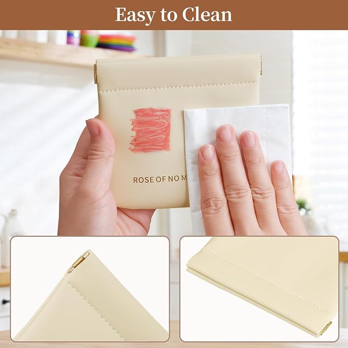 2 Pack Small Makeup Bag for Women, New Organosilicon Super Fiber PU Leather Mini Cosmetic Bag for Travel, Coin Purse Organizer Storage Pouch (Printed with Phrase, Beige)