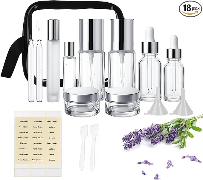 18Pack Glass Travel Bottles for Toiletries, TSA Approved Glass Travel Containers 1.35/0.7/1 oz Silver Small Travel Bottles with Label, BPA Free Leak Proof with Pump Spray Bottles for Makeup, Skincare