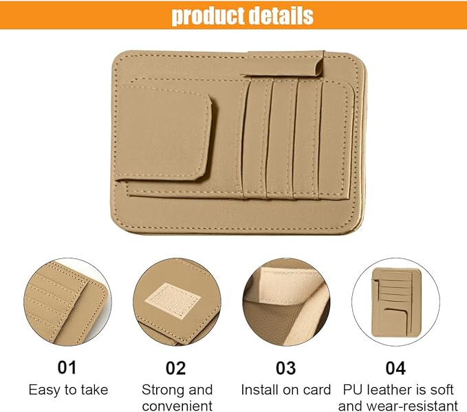 Leather Car Sun Visor Organizer Clip, Universal Car Truck Visor Document Holder with Sunglasses Clip, Auto Visor Pocket Storage for Bill Card Registration/Driving License Pen (Beige)