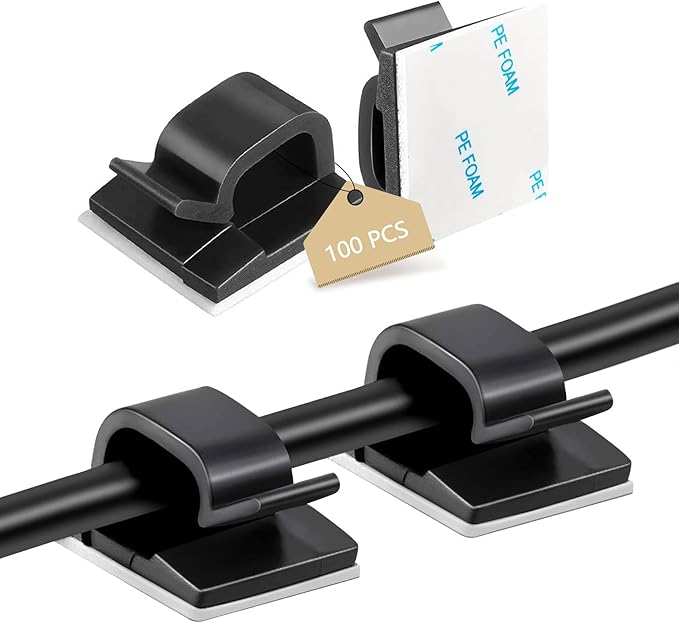 100PCS Adhesive Cable Clips, Wire Holder Organizer Cord Management, Cable Staples Outdoor Strong Cord Clips for Wall, Desk, Christmas Lights, String Lights, TV PC Ethernet Cable, Black Small