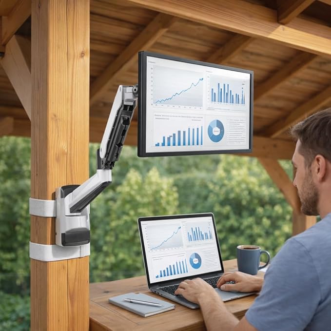CondoMounts CLMMMAW2022 Pillar Mount | No Drill-Strap on | Height Adjustable |18lbs | up 32 inch TV & Monitor | White | Perfect for Posts in Patio Gazebo | Any Size Pole Larger Then 3 inch
