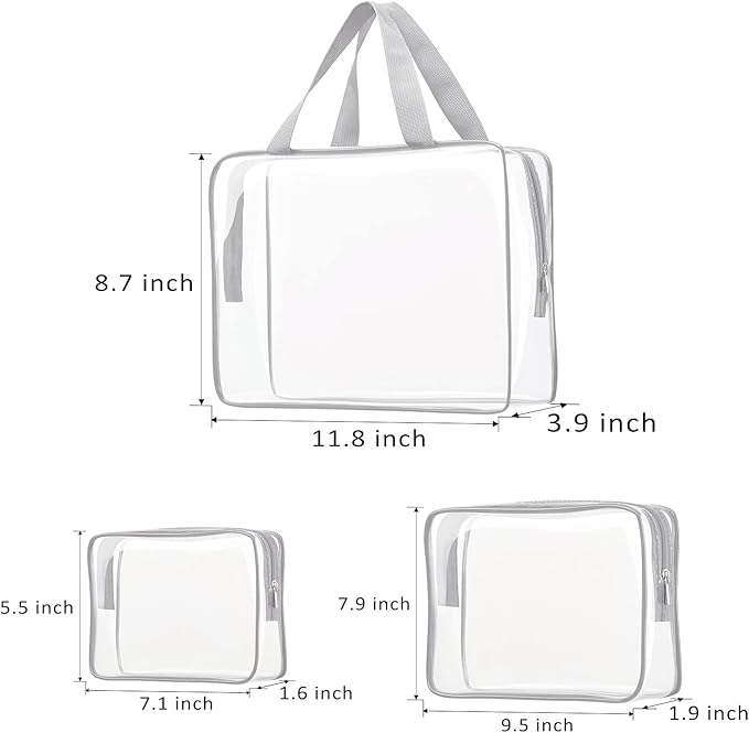 3pcs Clear Cosmetic Bags, TSA Approved Toiletry Bag Set Crystal Clear Travel Beach Essentials Bag Organization PVC, Clear Makeup Bags Luggage Pouch Carry on Airport Airline Compliant Bag Women Men