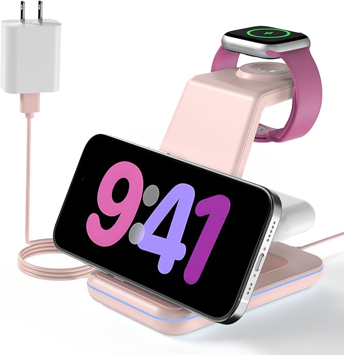 GEEKERA Wireless Charger, 3 in 1 Wireless Charging Station for iPhone Air/17/16/15/14/13/12/11/Pro Max/X/8, Phone and Watch Charger Stand for Apple Watch Ultra 3-2/11-2/SE, AirPods Pro/4/3/2, Pink
