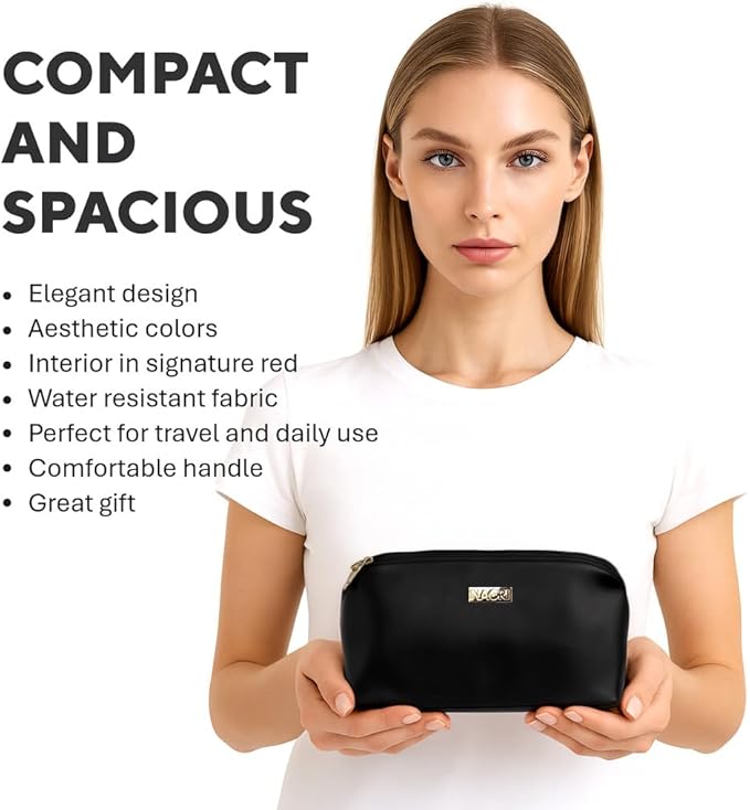 NAORI Travel Makeup Bag for Women | Large Luxury Cosmetic Organizer with Handle & Inner Pockets | Waterproof Faux Leather Toiletry Bag | Makeup Case for Home, Travel & Gifting (Elegant Black)