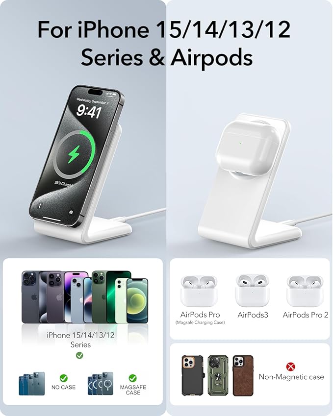 2 Pack MagSafe-Compatible Charger Stand with 20W USB C Charger Block & USB C Cable x2, Fast Charging Wireless Charger Compatible with iPhone 17 Pro Max 16 15 14 13 12 Series, AirPods Pro 3/4/3, White