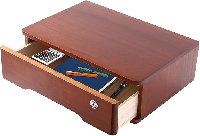 Desk Organizer with Drawer, Wooden Desktop Storage Box with Lockable Office Supplies Drawer Organizer Tabletop Storage Multifunctional Desktop Storage Box for Office Study Dresser（Walnut Color）