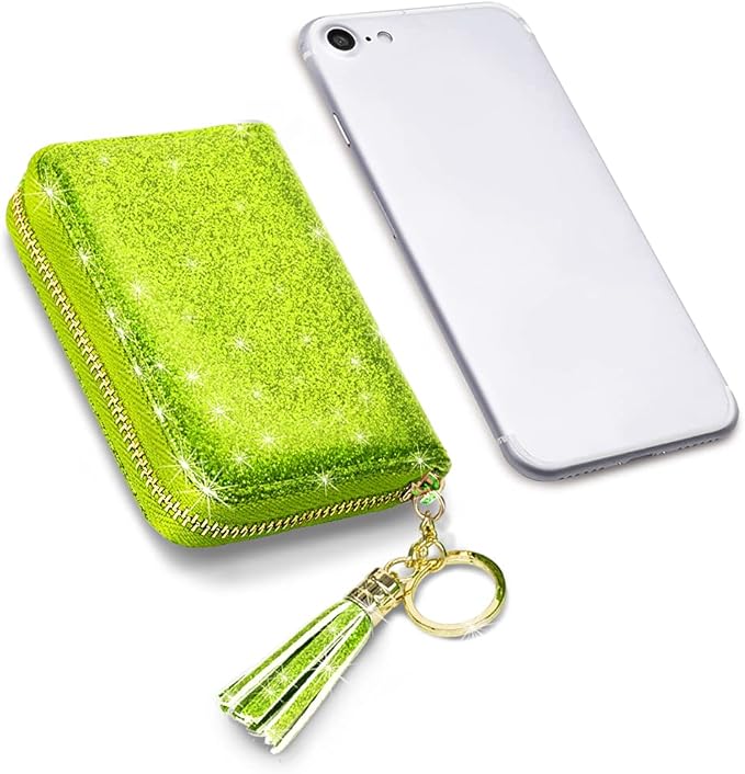 Coco Rossi Women's Small Credit Card Wallet RFID Cute Glitter Card Holder for Women, Chartreuse