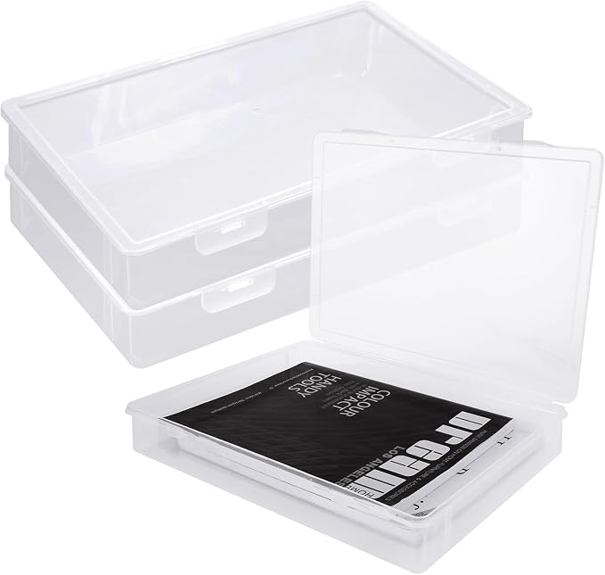 3 Pack Plastic Storage Boxes with Hinged Lids for 8.5" x 11" Letter, 2" Height A4 File Storage Case, Clear Scrapbook Paper Storage Boxes Documents Magazines Holder
