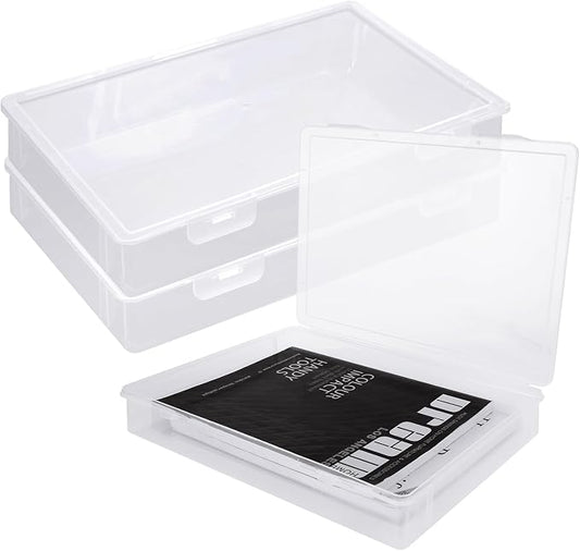 3 Pack Plastic Storage Boxes with Hinged Lids for 8.5" x 11" Letter, 2" Height A4 File Storage Case, Clear Scrapbook Paper Storage Boxes Documents Magazines Holder