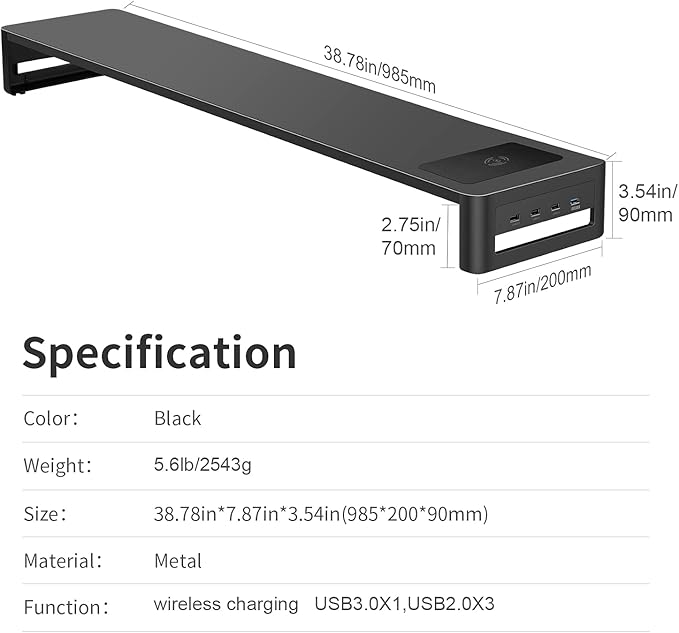 EAXBUX Dual Monitor Stand with Wireless Charging and 4 USB 3.0 Ports, Steel Monitor Stands for 2 Monitors, Metal Computer Stand Riser for Desk, Office, Laptop, PC up to 32 Inches (Black)
