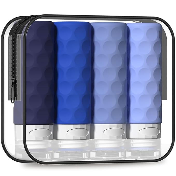 Silevoler Travel Bottles for Toiletries, 4pcs Tsa Approved 3oz Travel Size Containers, BPA Free Leak Proof Premium Silicone Bottles, Refillable Liquid Squeezable Accessories W/Toiletry Bag (Blue)