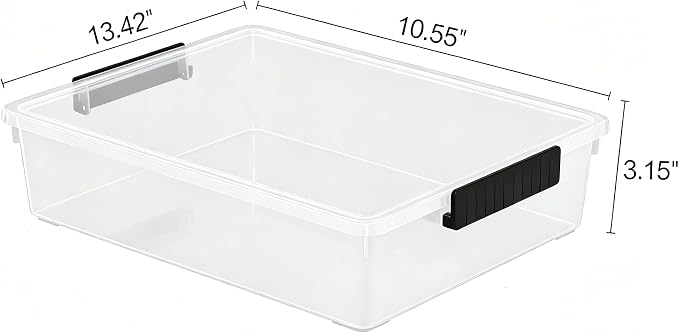 6 Qt Clear Flat Plastic File Storage Bins with Latch Lid, 4-Pack | Stackable Organization Box for Art Supplies, Craft, A4 Paper, Documents