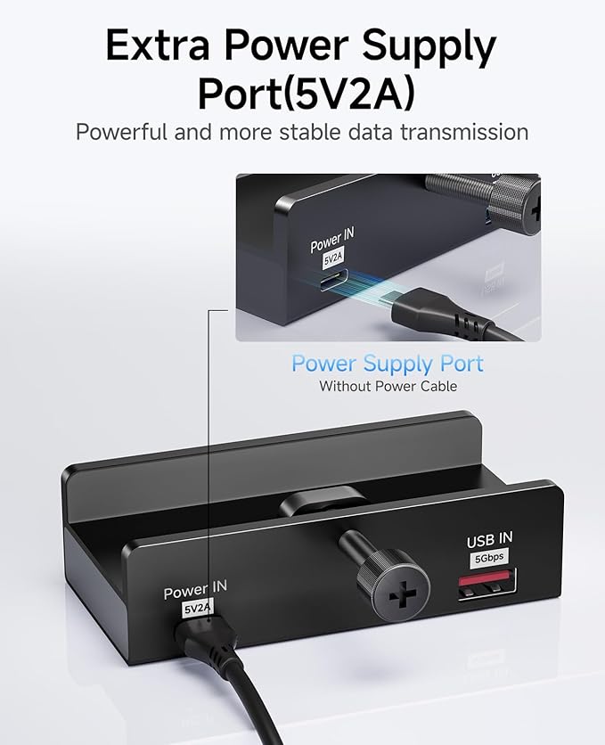 USB Hub 3.0, 5Gbps Clamp USB Hub for Desk/Monitors with Extra Power Supply Port, 3 USB-A Data Ports, USB-C Data Port for iMac Pro/iMac (Black)
